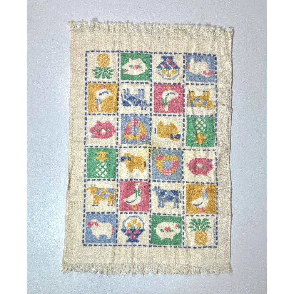 Vtg Cannon Hand Towel Farm Animal Pineapple Grid Print Cotton (See Pics)